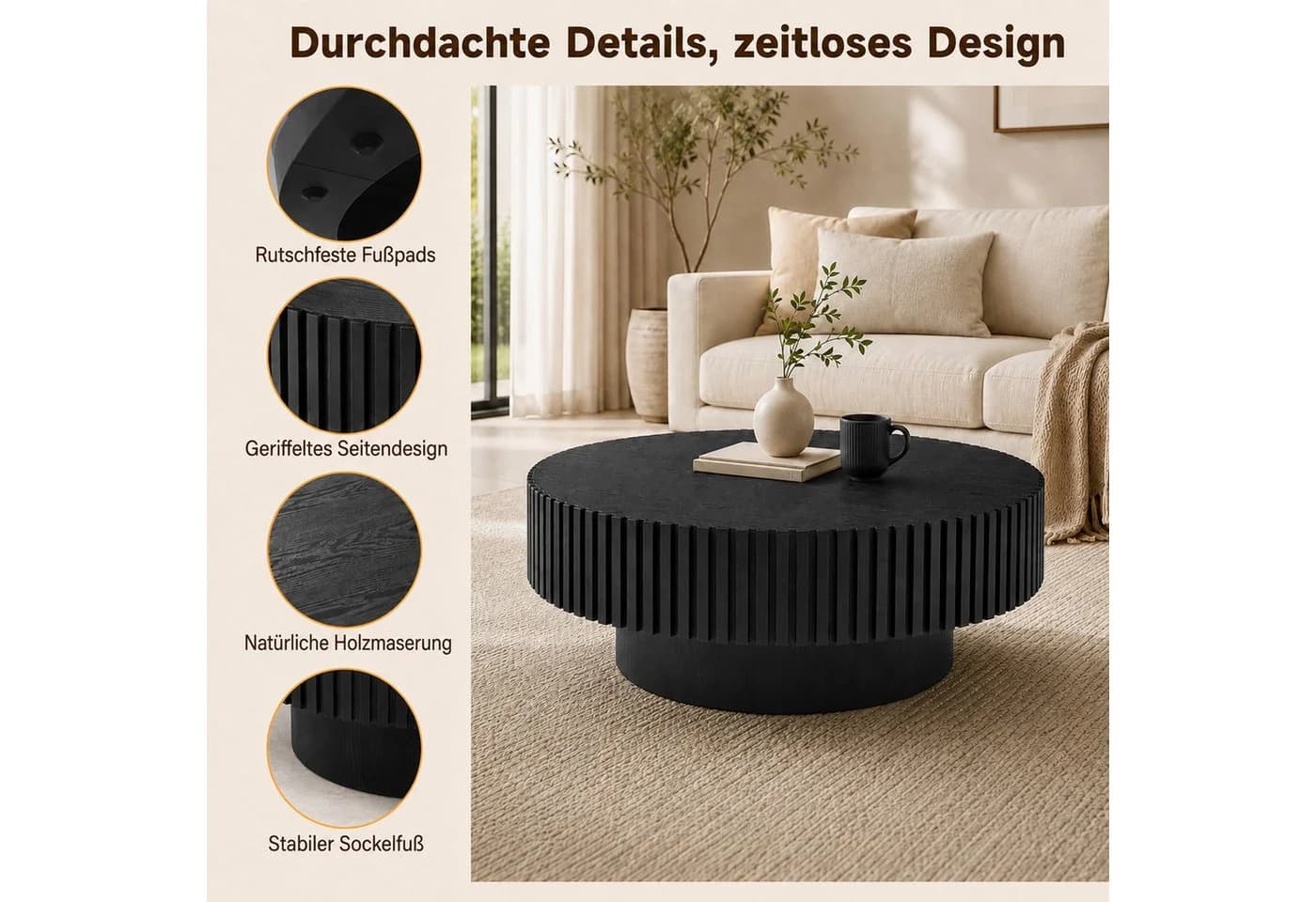 PEALOV Couchtisch Schwarz Braun Holzoptik Rillenoptik - Bild 5