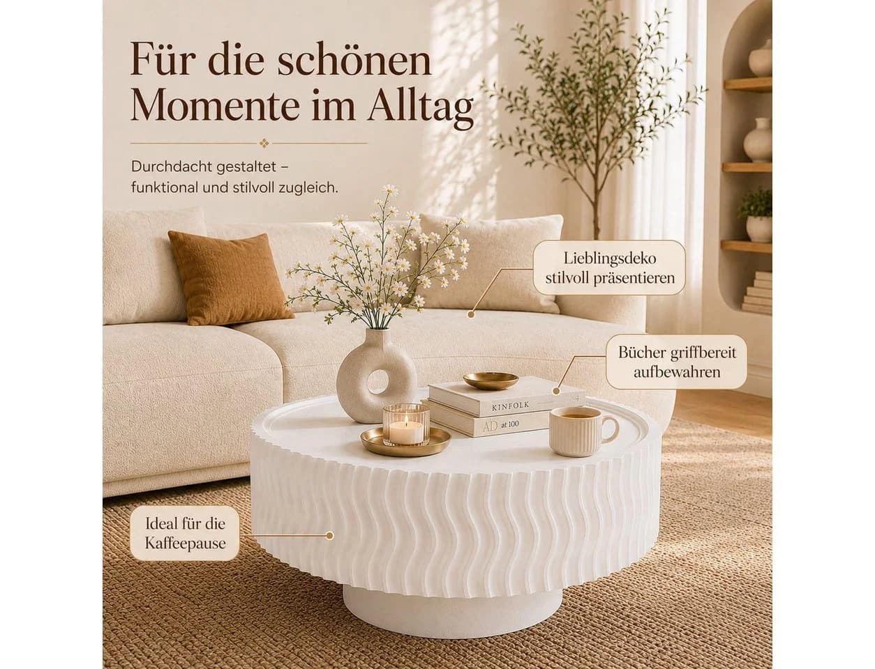 PEALOV Couchtisch Trommelform Weiß/Schwarz Holzmaserung - Bild 5