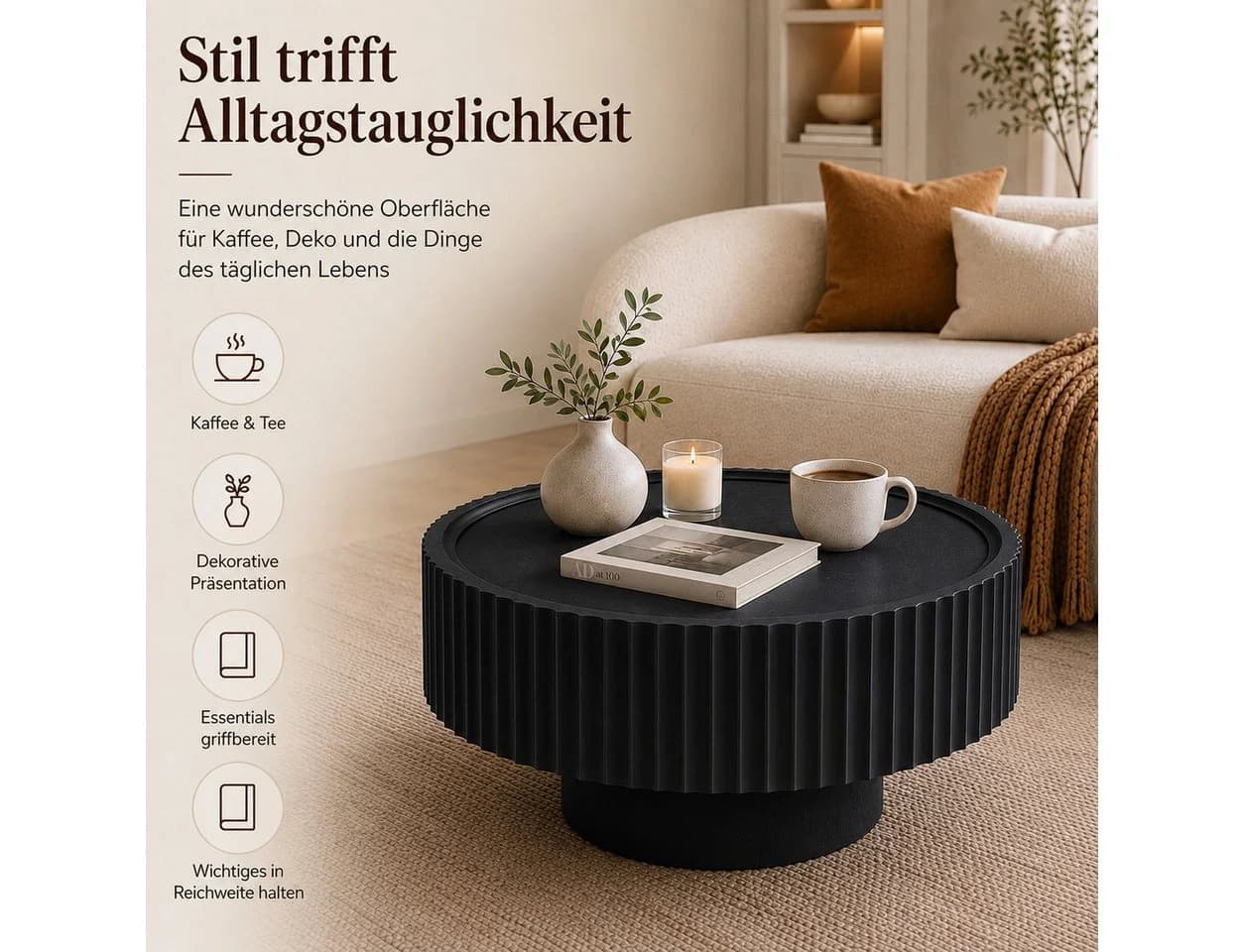 PEALOV Couchtisch Pilzform Schwarz/Weiß Rillenoptik - Bild 5