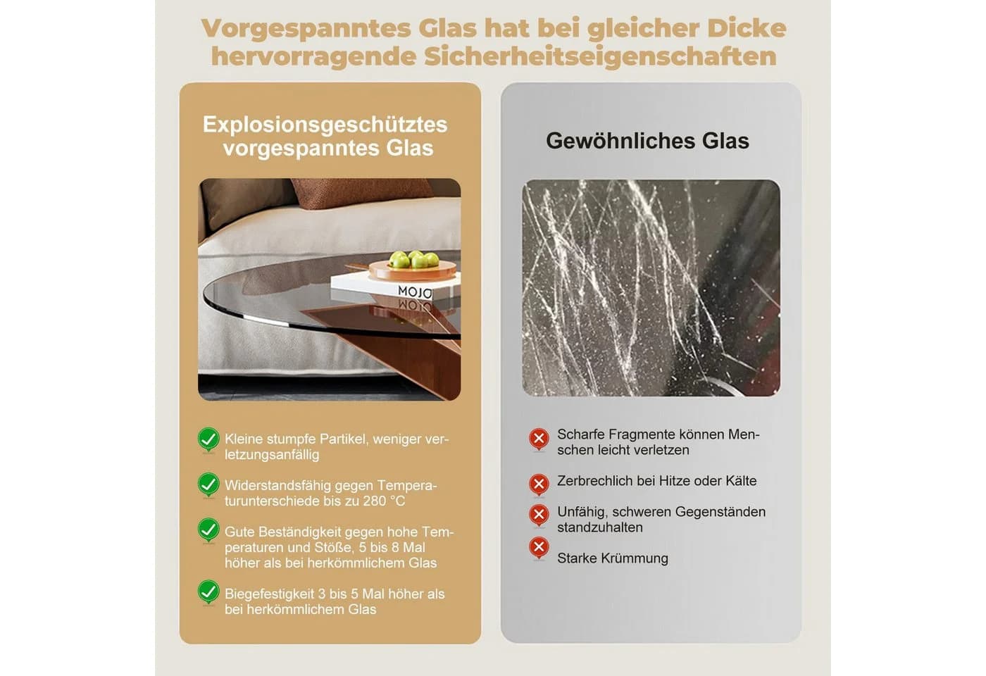 PEALOV Runder Couchtisch Glasplatte X-Struktur-Design - Bild 3