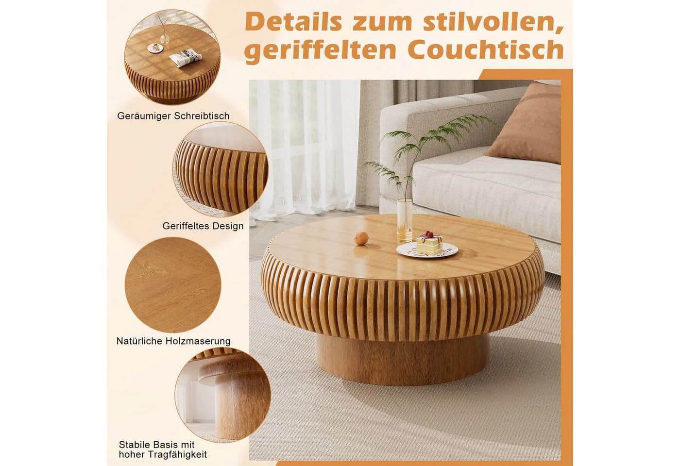 PEALOV Couchtisch rund Braun mit Rillenstruktur - Bild 3