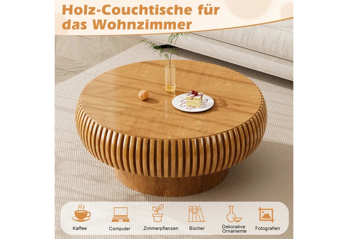 PEALOV Couchtisch rund Braun mit Rillenstruktur - Bild 4