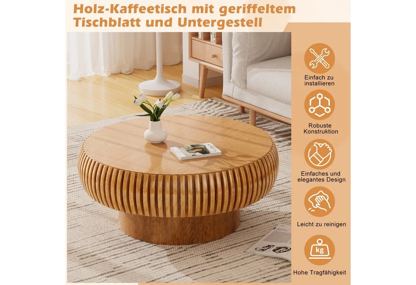 PEALOV Couchtisch rund Braun mit Rillenstruktur - Bild 5