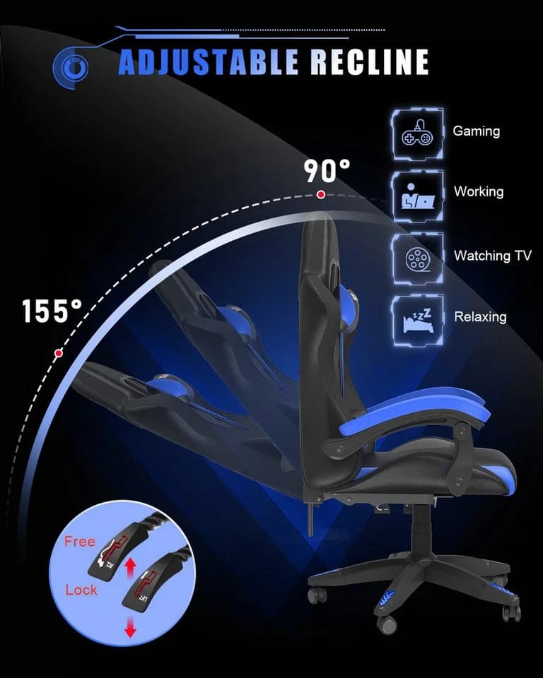 Gywowken Gaming-Stuhl mit LED - Ergonomisch - 90-155° Rückenlehne - Blau - Bild 4