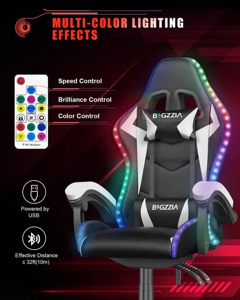 Gywowken Gaming-Stuhl mit LED RGB Beleuchtung Ergonomisch 90-155° Neigung Weiß