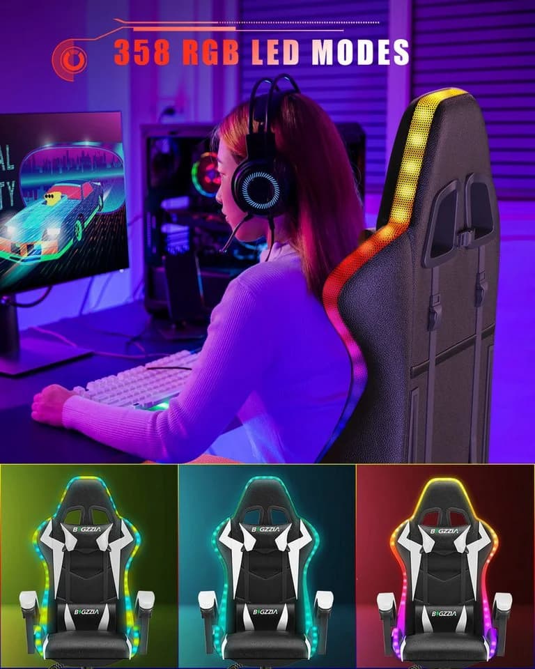 Gywowken Gaming-Stuhl mit LED RGB Beleuchtung Ergonomisch 90-155° Neigung Weiß - Bild 3