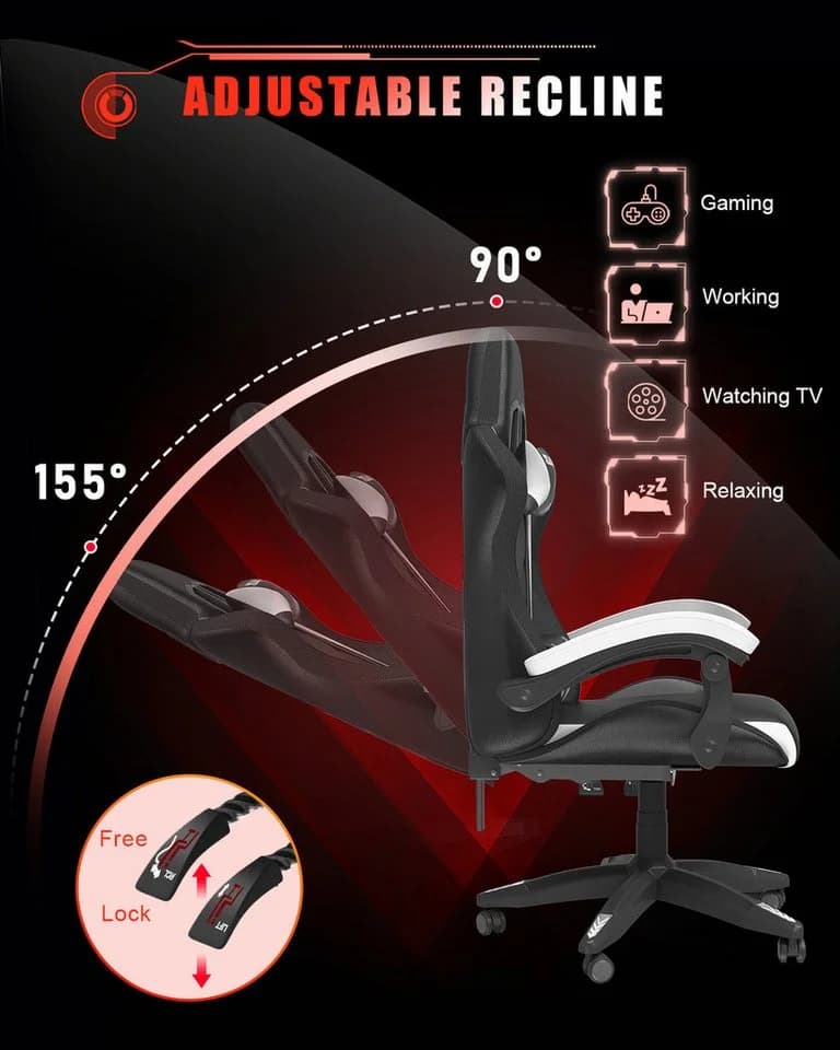 Gywowken Gaming-Stuhl mit LED RGB Beleuchtung Ergonomisch 90-155° Neigung Weiß - Bild 4