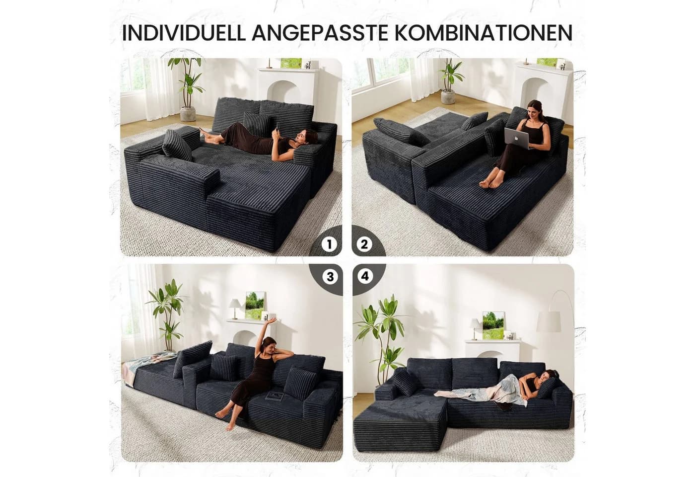 Patbrela Ecksofa L-Form Vierersofa Samt grau mit Liegefläche