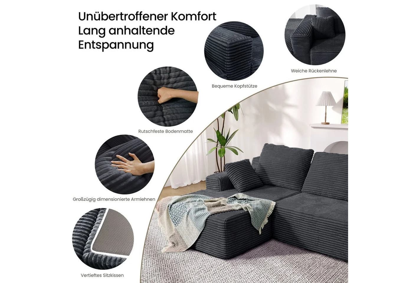 Patbrela Ecksofa L-Form Vierersofa Samt grau mit Liegefläche - Bild 4