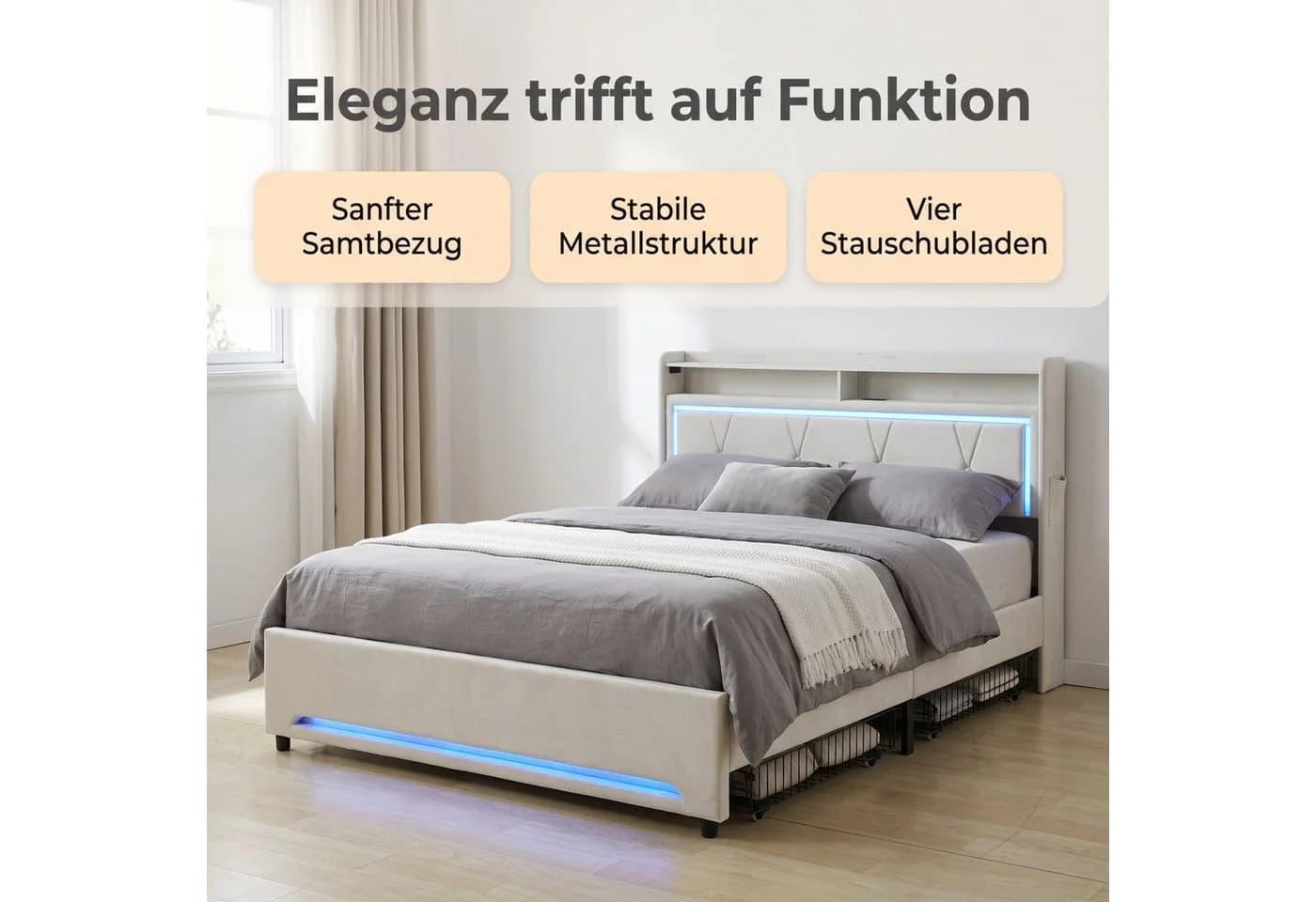 Patbrela Polsterbett Beige mit LED, Steckdose & 4 Schubladen