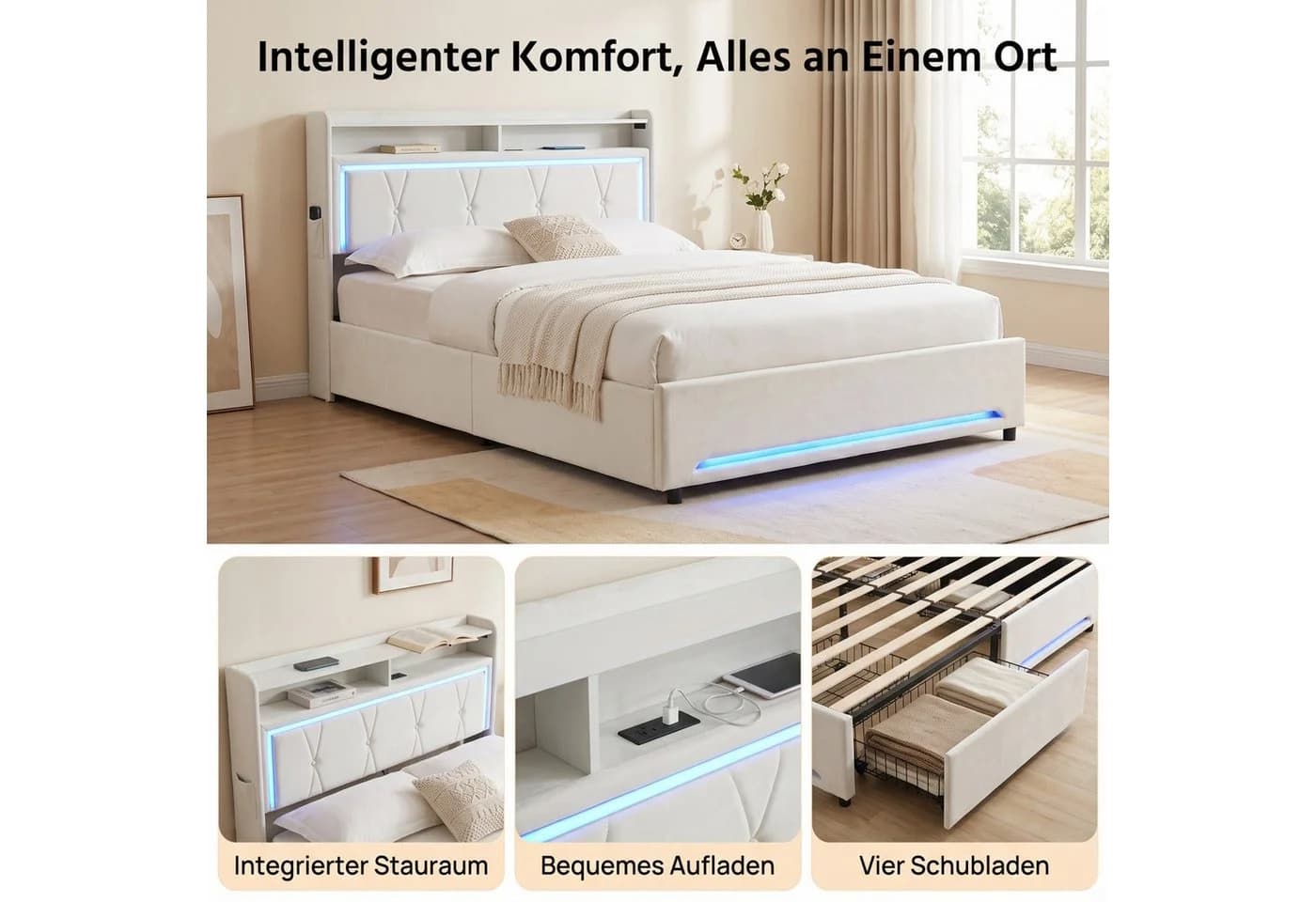 Patbrela Polsterbett Beige mit LED, Steckdose & 4 Schubladen - Bild 2