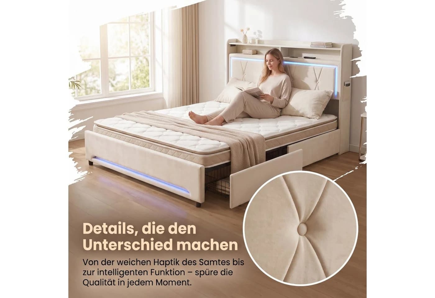 Patbrela Polsterbett Beige mit LED, Steckdose & 4 Schubladen - Bild 3
