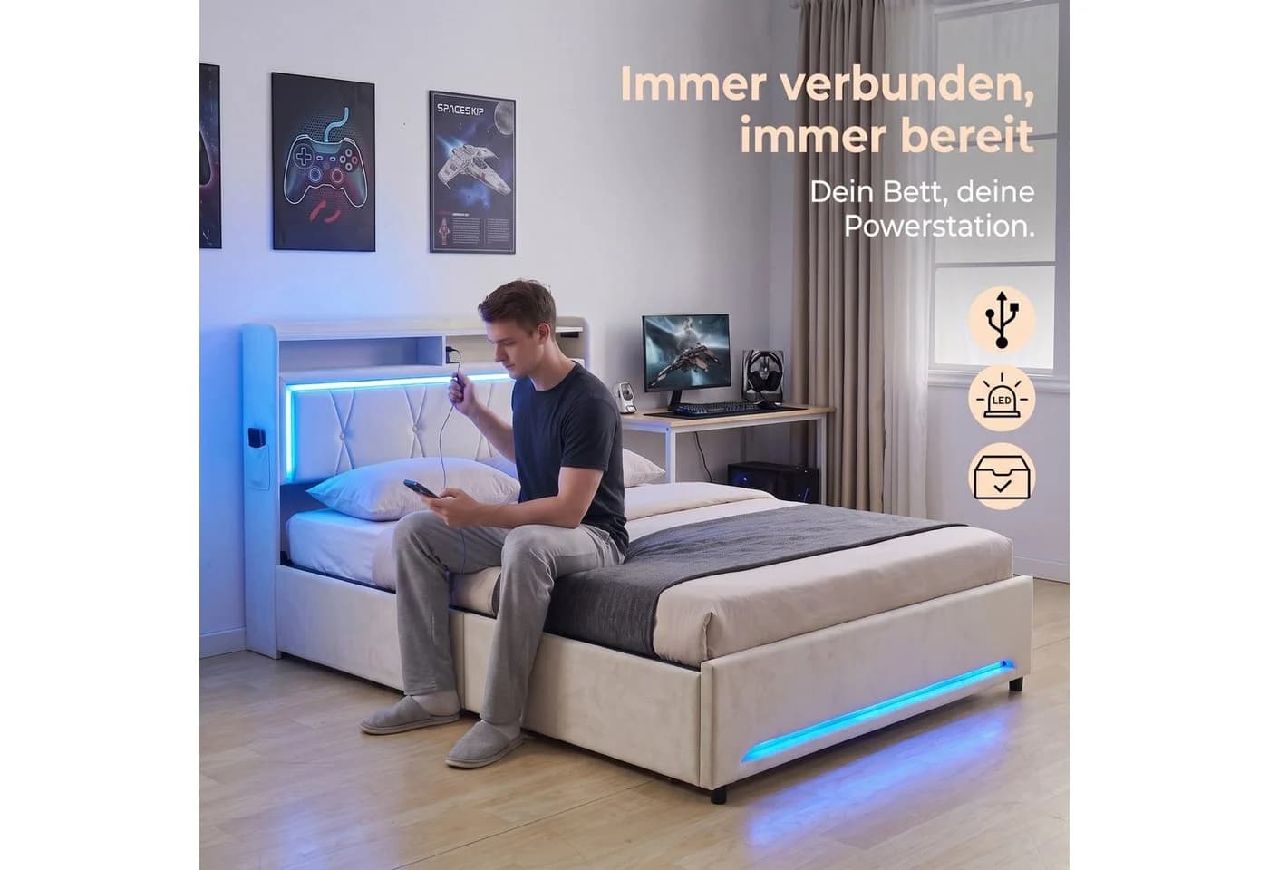 Patbrela Polsterbett Beige mit LED, Steckdose & 4 Schubladen - Bild 4