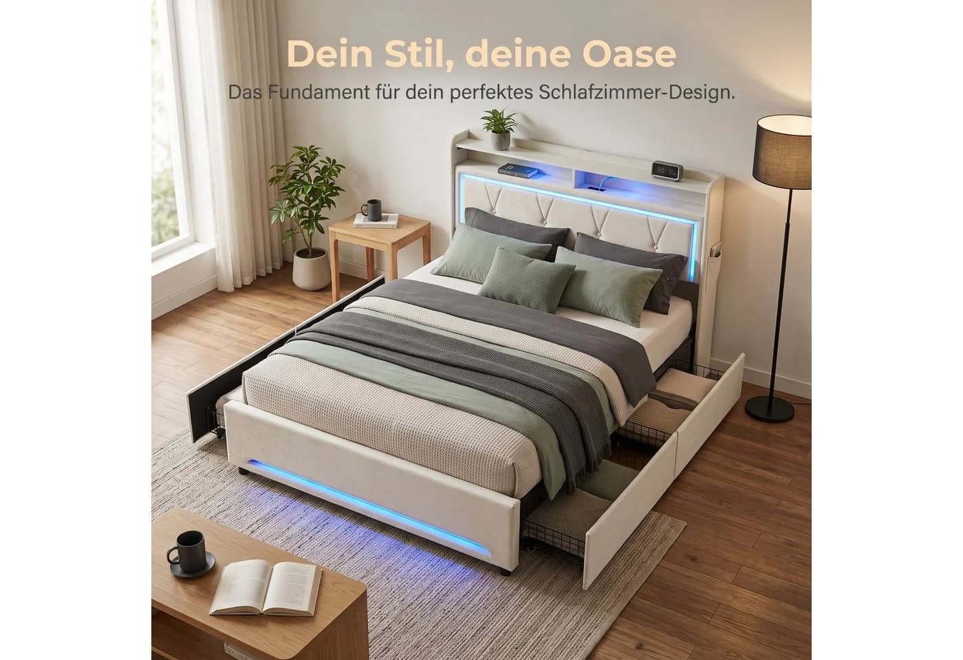 Patbrela Polsterbett Beige mit LED, Steckdose & 4 Schubladen - Bild 5