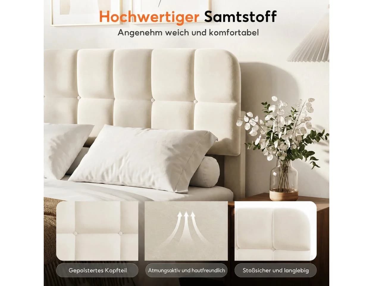 Patbrela Polsterbett Beige Samt 3-fach höhenverstellbar