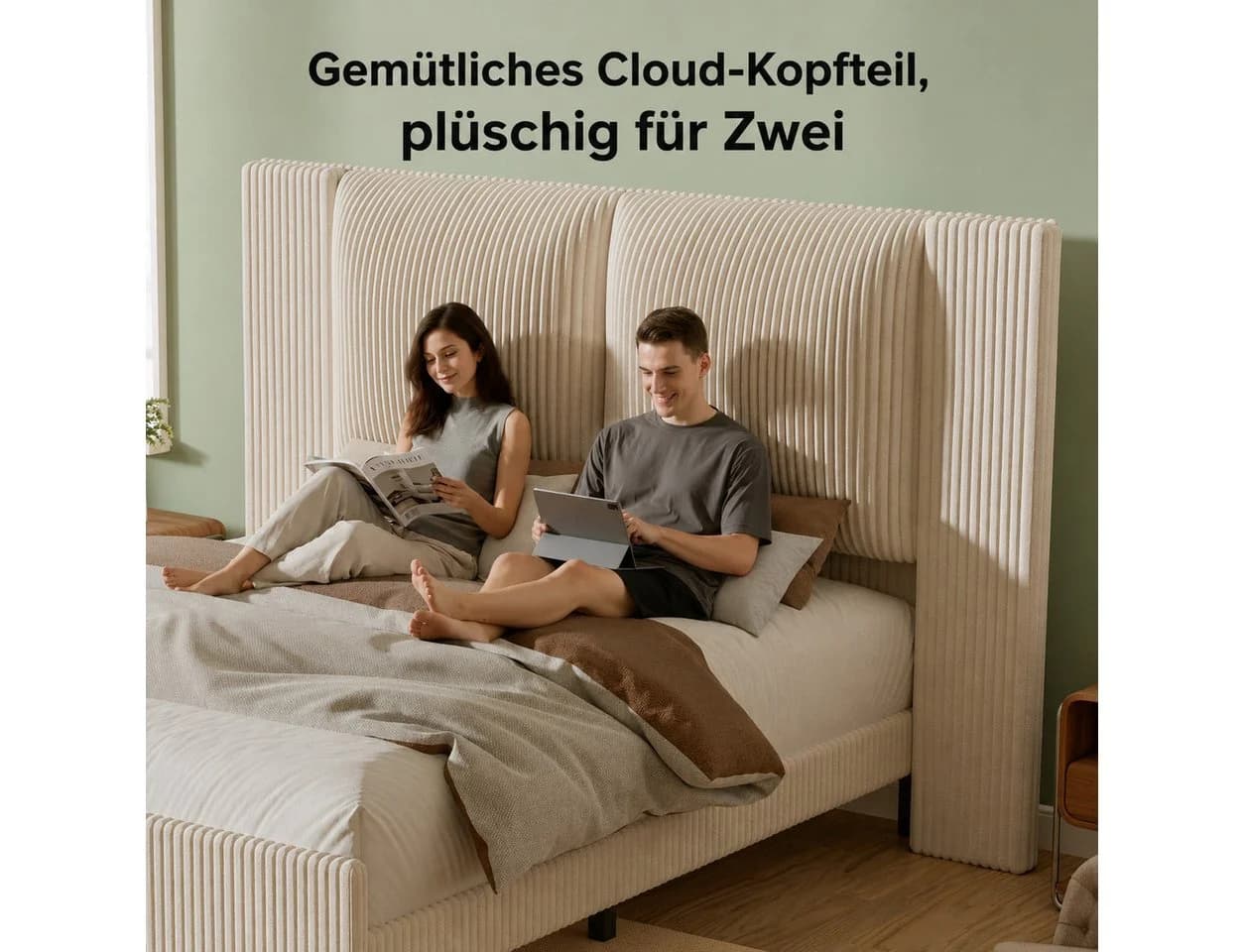 Patbrela Polsterbett Wingback Cordstoff Grau Beige - Bild 3