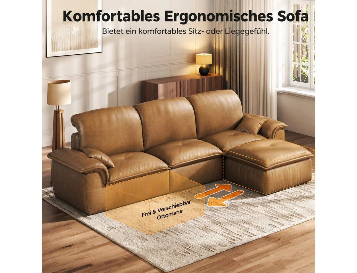 Patbrela Ecksofa 3-Sitzer mit Longchair Vintage Braun Kunstleder
