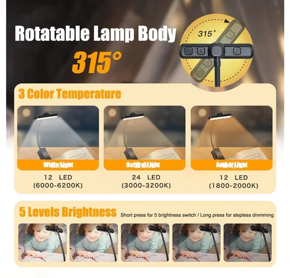 POPOLIC LED Leselampe Buch Klemme USB Wiederaufladbar 24 LEDs
