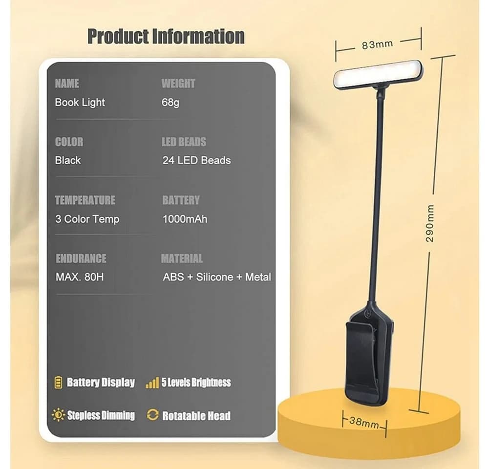 POPOLIC LED Leselampe Buch Klemme USB Wiederaufladbar 24 LEDs - Bild 4
