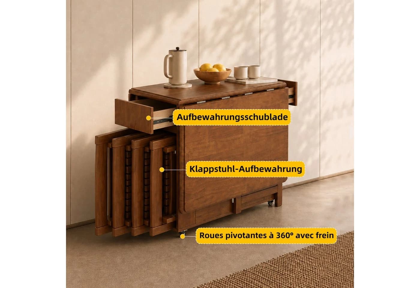 Oleyluckidea Esstisch klappbar Nussbaum mit Stauraum & Rollen - Bild 5