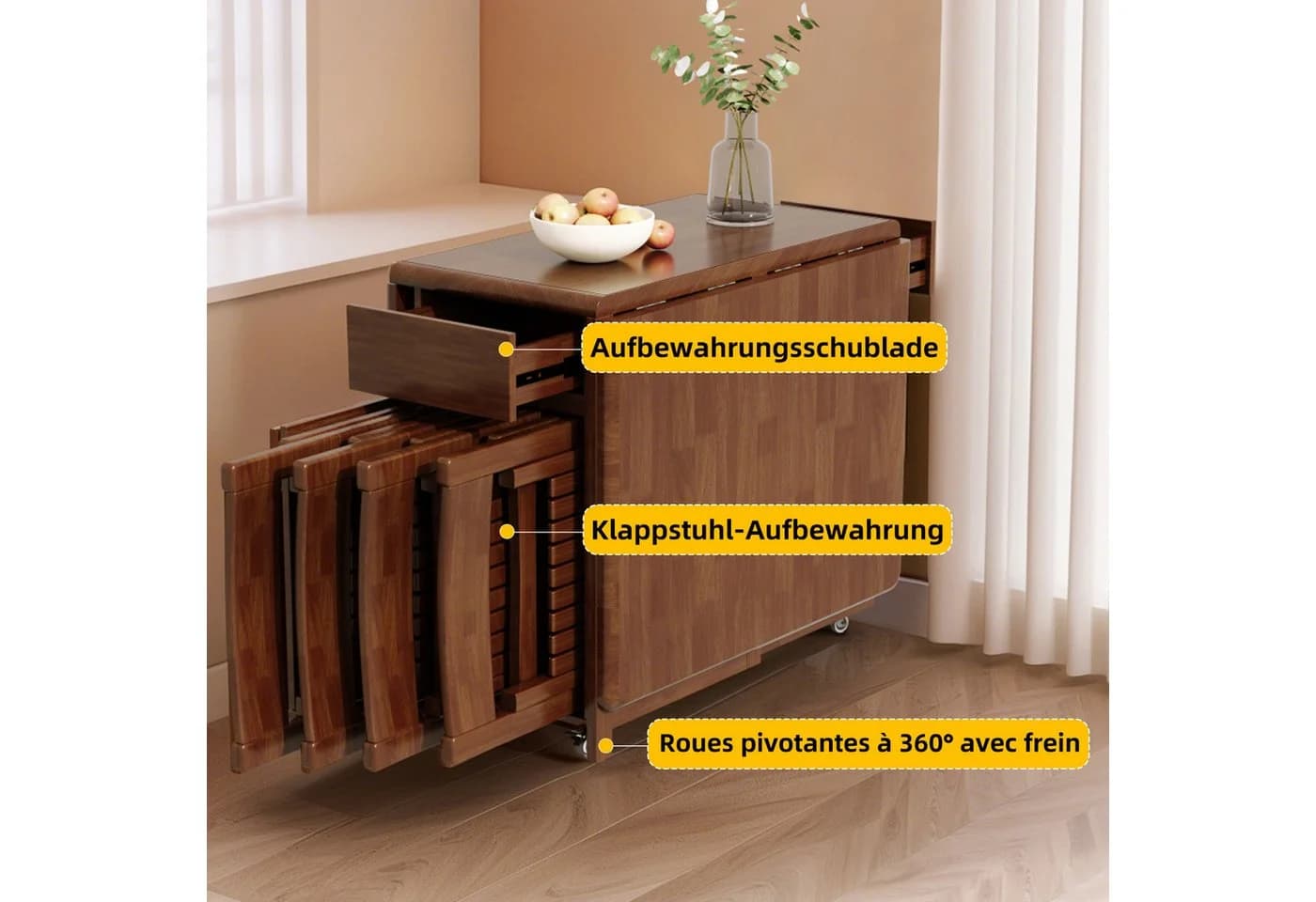 oleyluckidea Klappbarer Esstisch Massivholz Nussbaum mit Stauraum - Bild 5