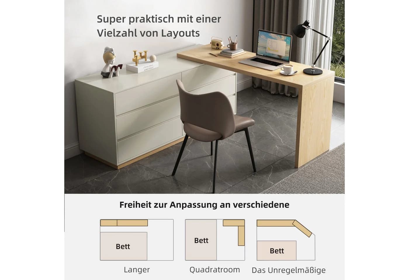 oleyluckidea L-förmiger Schreibtisch mit 6 Schubladen Holzoptik - Bild 5