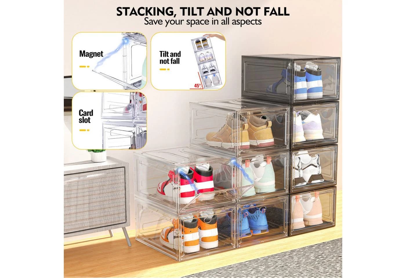 POPOLIC Stapelbare Schuhbox Transparent Kunststoff Organizer