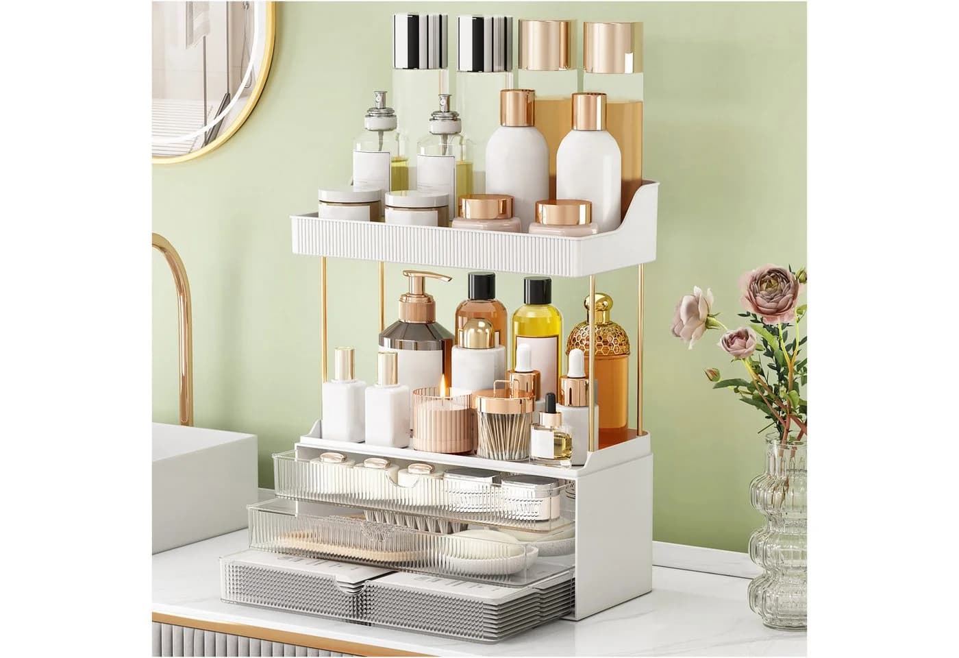 POPOLIC Make-Up Organizer Mehrschichtig Kosmetikregal Weiß/Gold - Bild 2