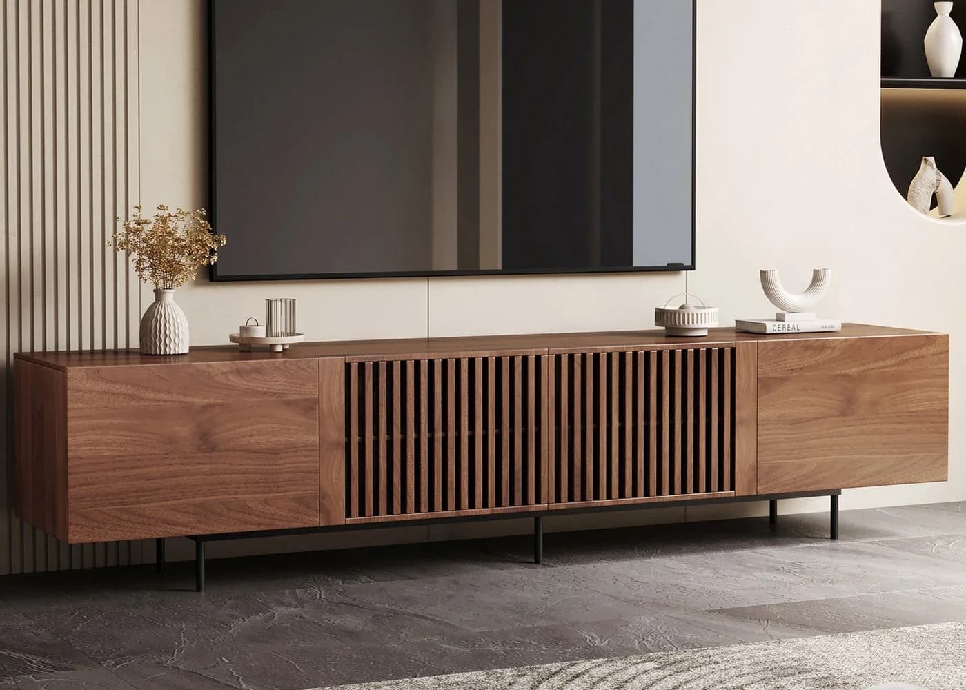 oleyluckidea TV-Schrank Mid-Century Modern Walnuss 4 Aufbewahrungsschränke - Bild 2