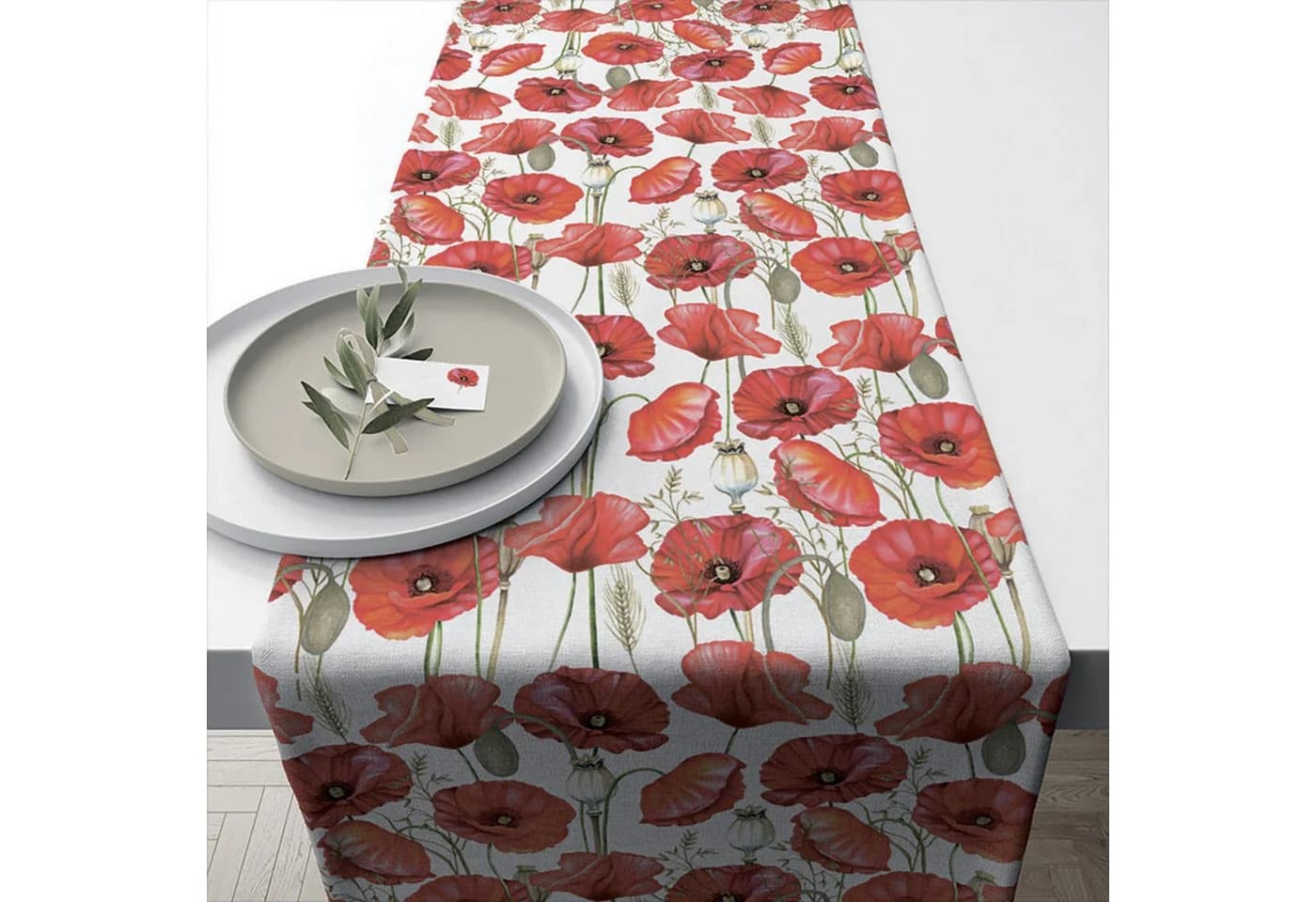 Ambiente Tischläufer Baumwolle 40x150cm Mohnblumen Rot/Weiß