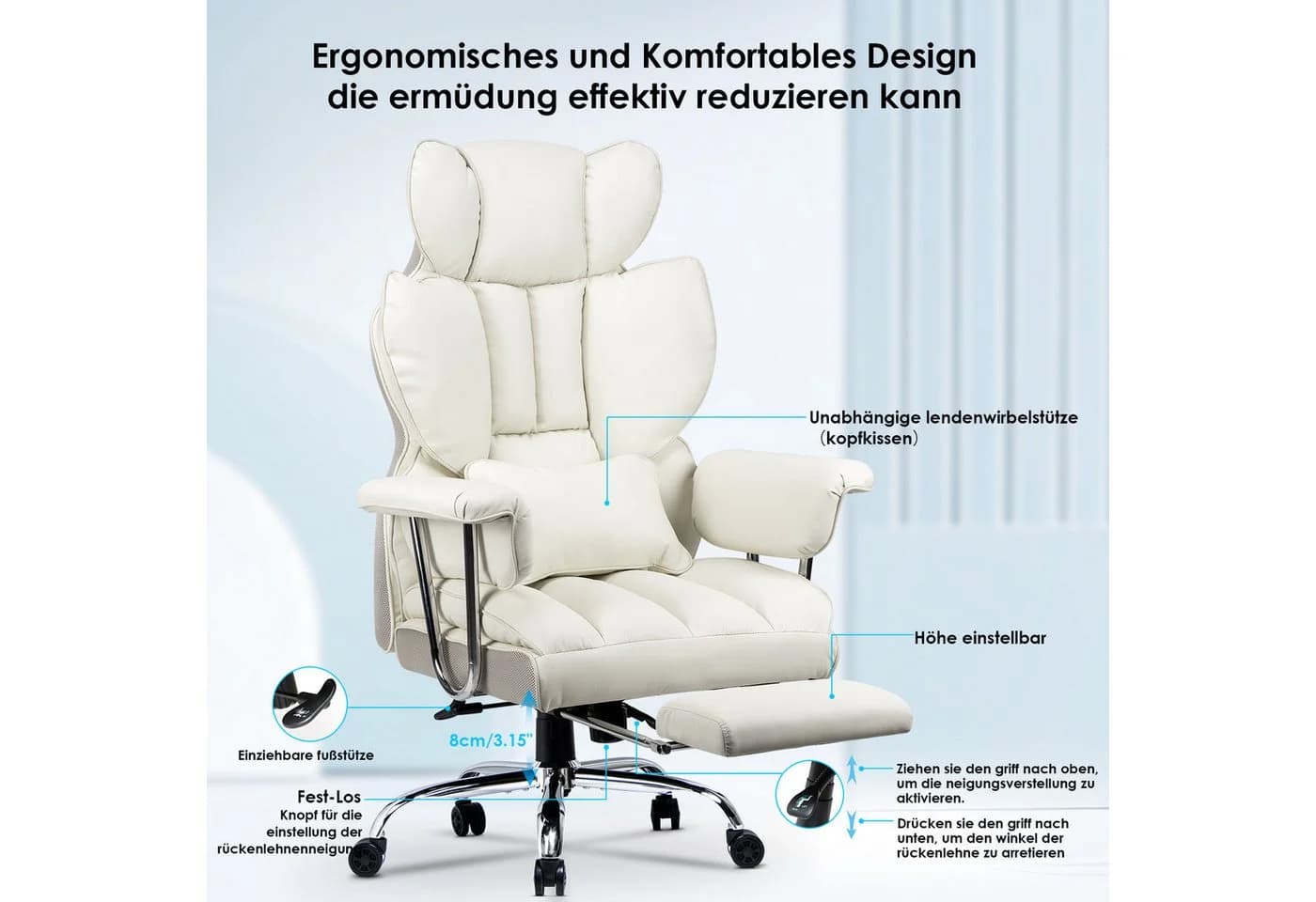Rattantree Bürostuhl mit Fußstütze Weiß Ergonomisch - Bild 3