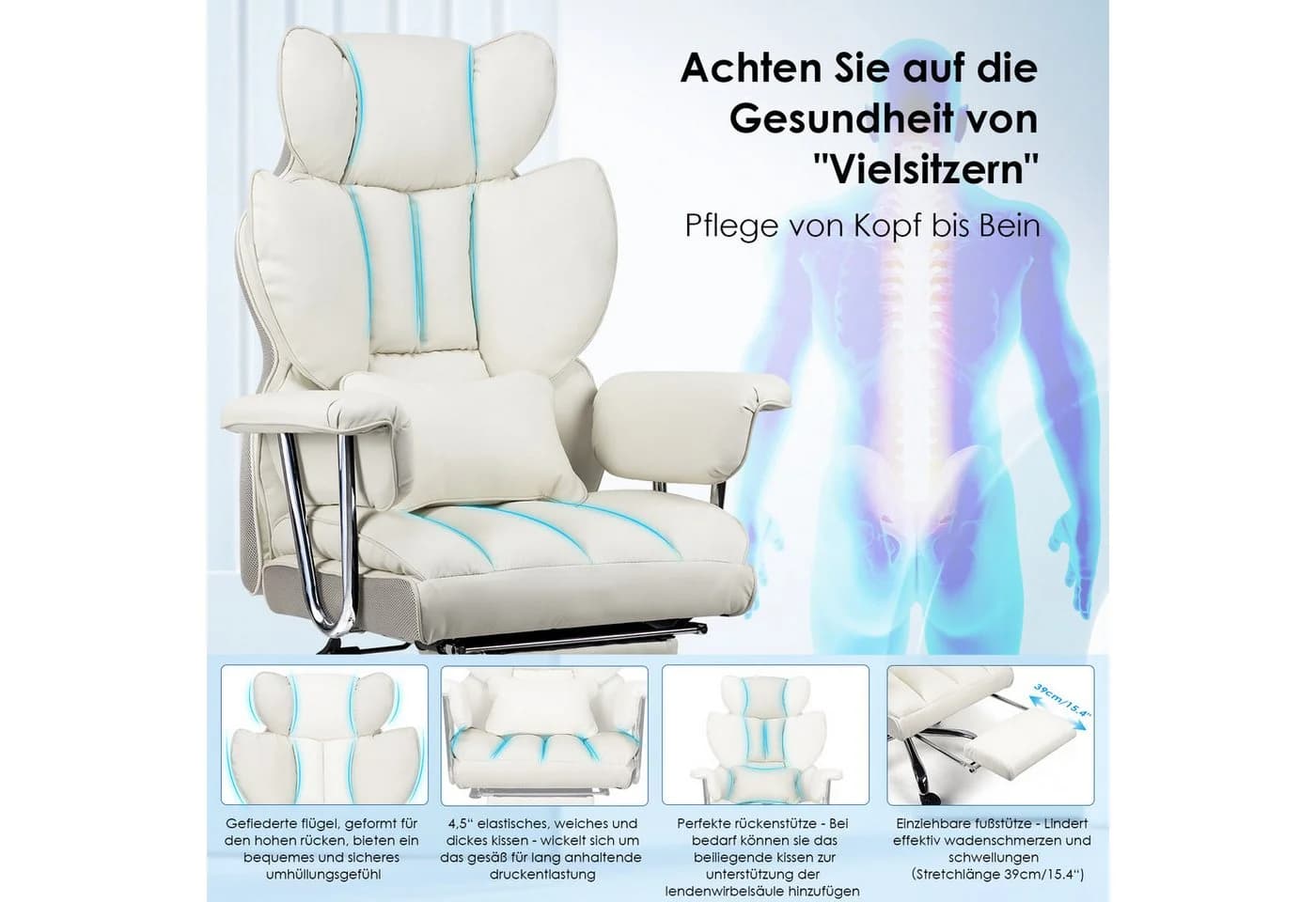 Rattantree Bürostuhl mit Fußstütze Weiß Ergonomisch - Bild 4