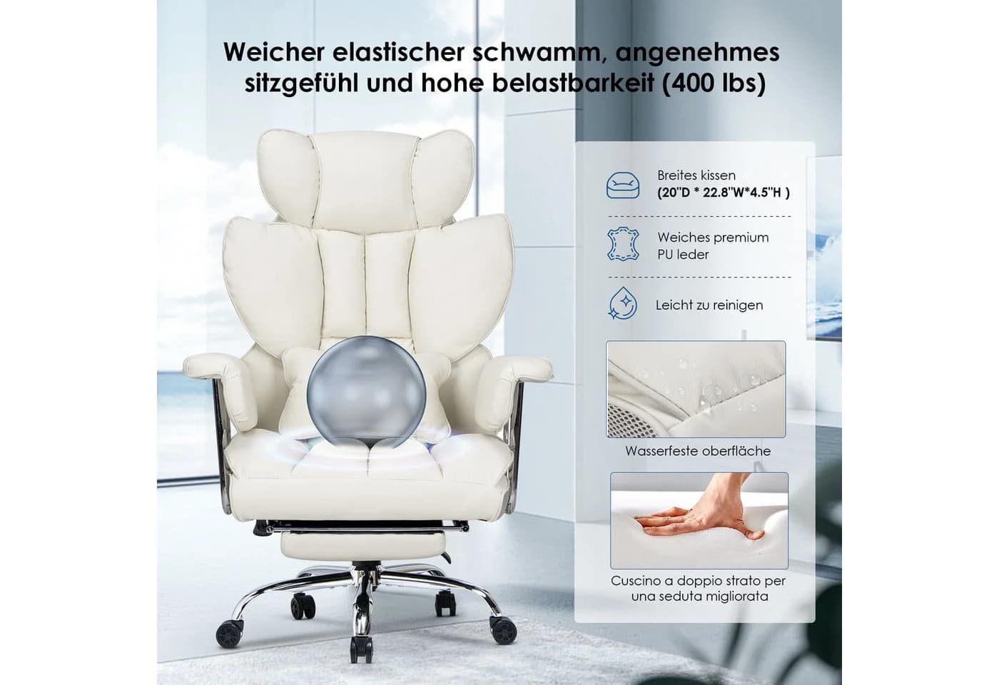 Rattantree Bürostuhl mit Fußstütze Weiß Ergonomisch - Bild 5
