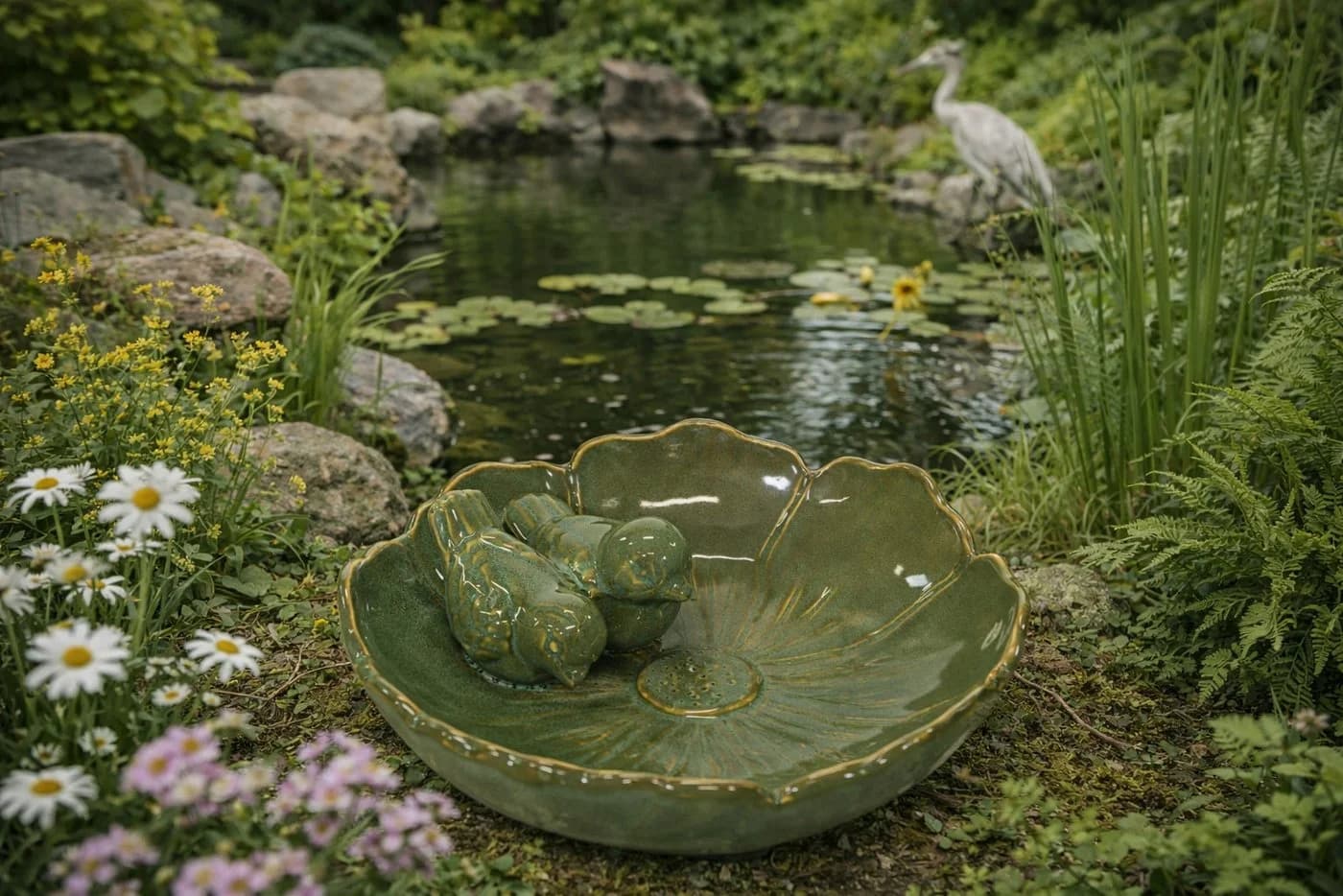 finehomegarden Vogeltränke Keramik Olivgrün Vogel-Design - Bild 3