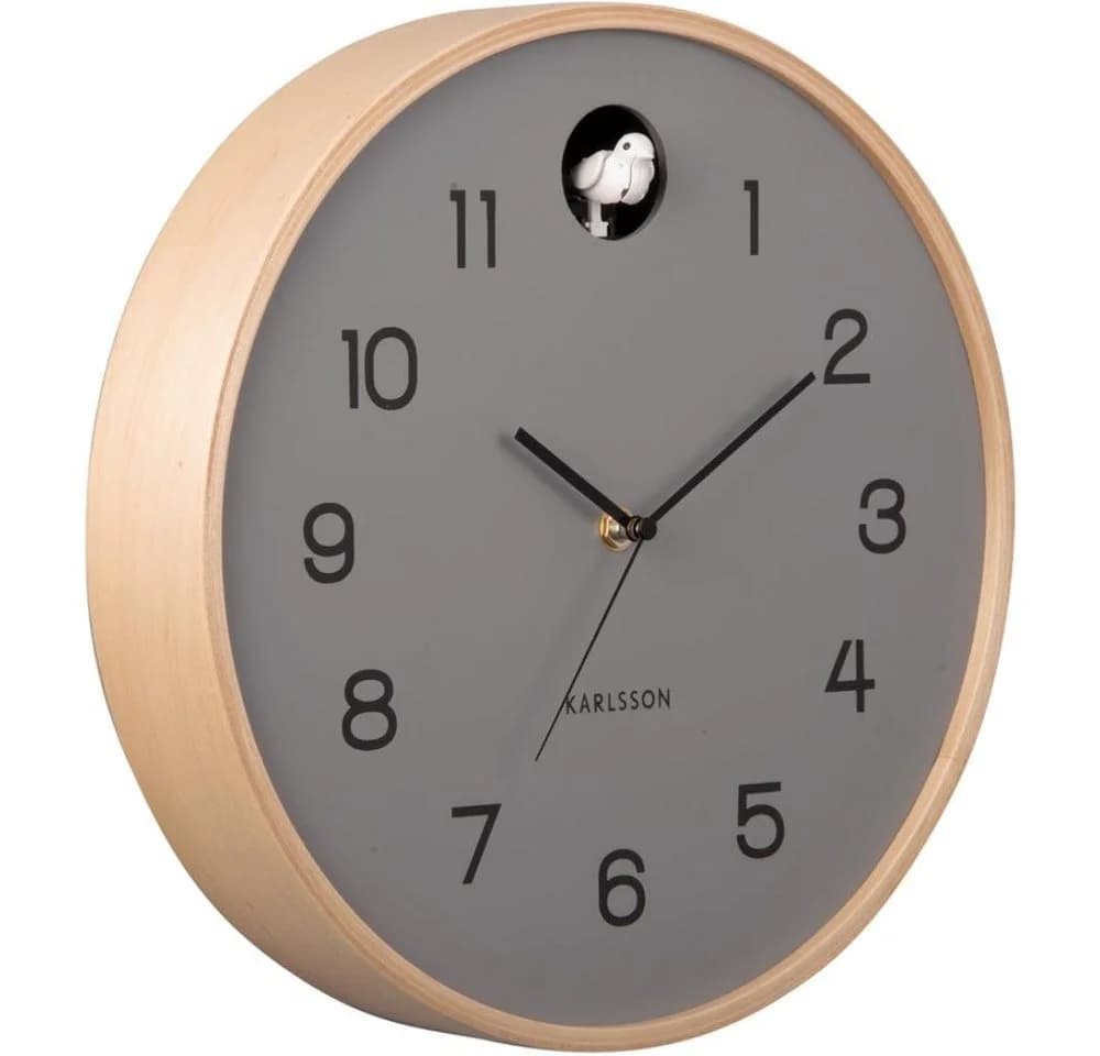 Karlsson Wanduhr Natural Cuckoo Birch Wood Mouse Grey