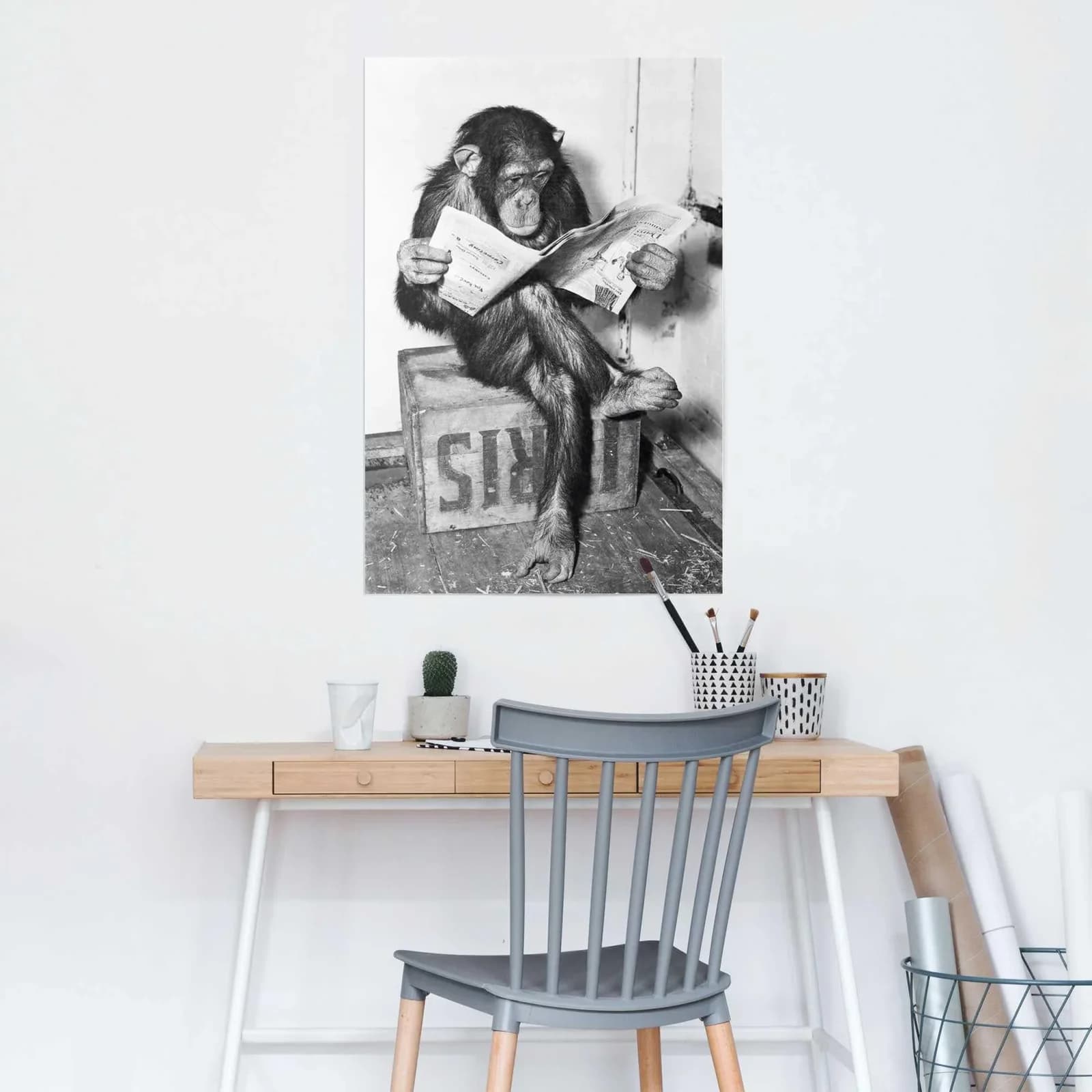 REINDERS Poster Chimp Zeitung Affe Schimpanse Schwarz Weiß