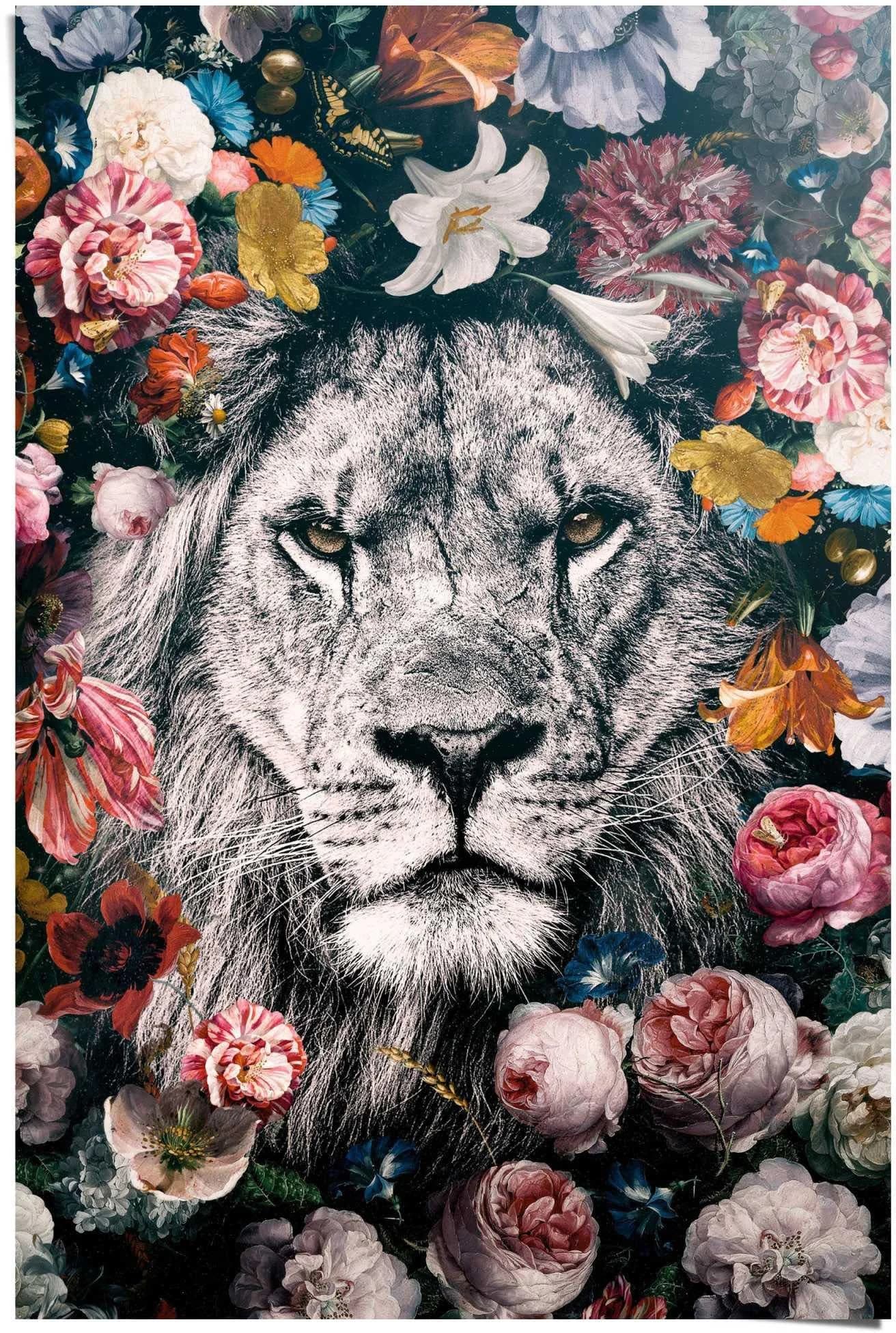 Poster REINDERS "Löwe Blumenkranz - Pflanzen - Farbenfroh"