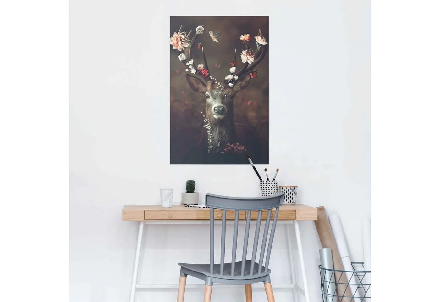 Reinders Poster Hirsch Romantisch - Kolibri - Schmetterling - Blumenkranz Braun - Bild 2