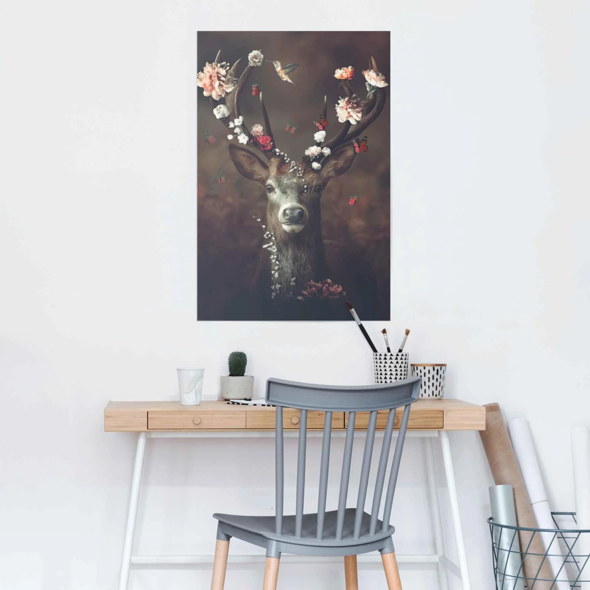Reinders Poster Hirsch Romantisch - Kolibri - Schmetterling - Blumenkranz Braun - Bild 3