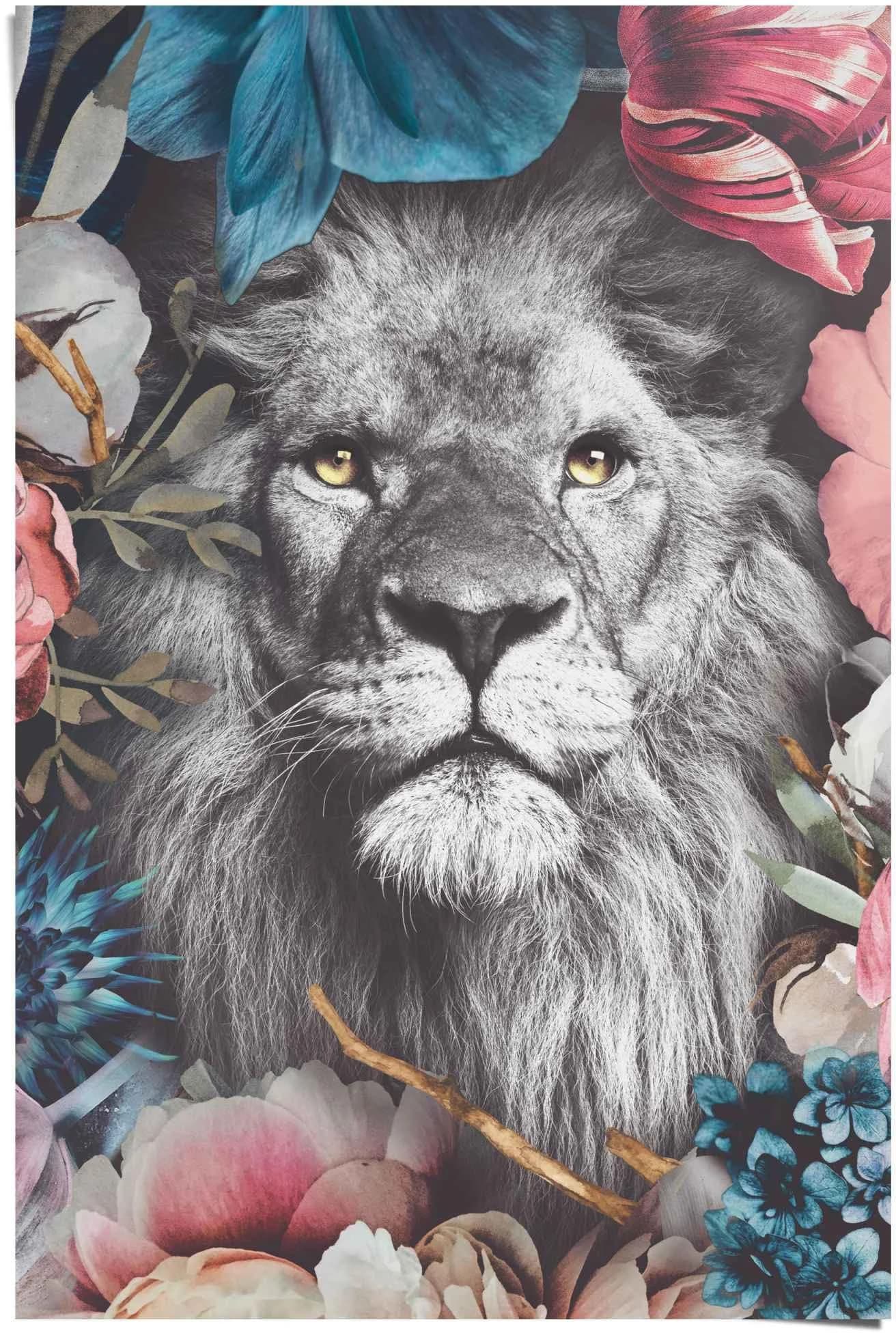 Poster REINDERS Löwe Blumenkranz Pflanzen Farbenfroh Bunt