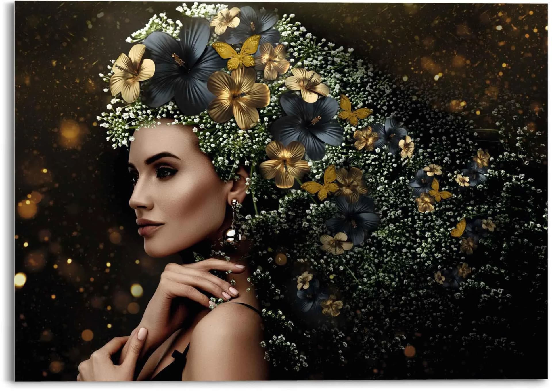 REINDERS Glasbild Elegante Frau Blumen Gold Acrylglas 70x50 cm