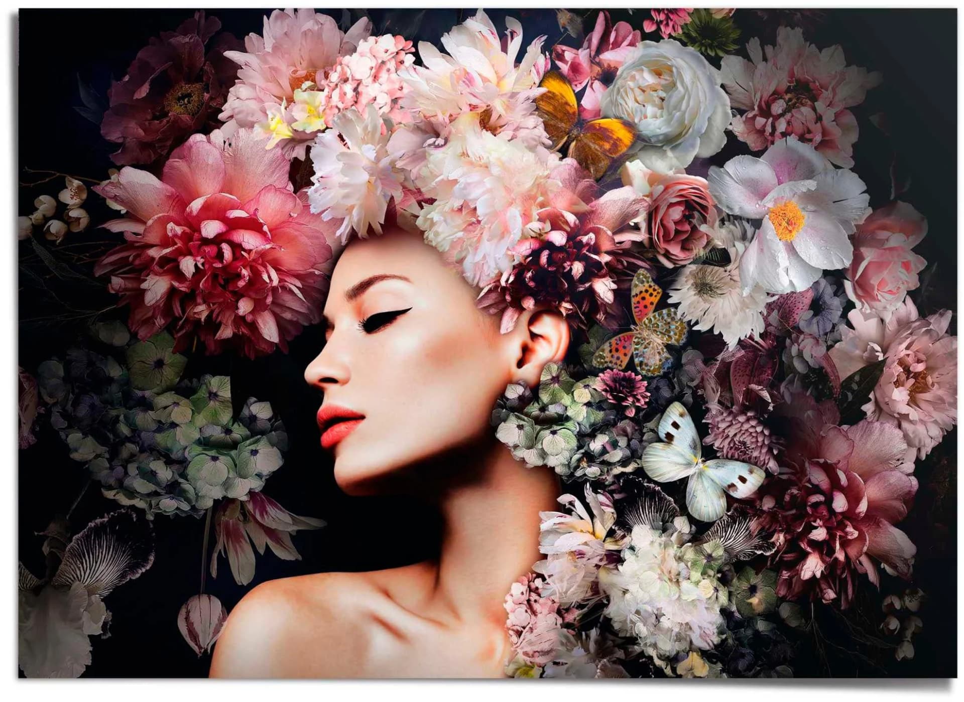 REINDERS Poster Frau mit Blumenhut Rosa Großformat
