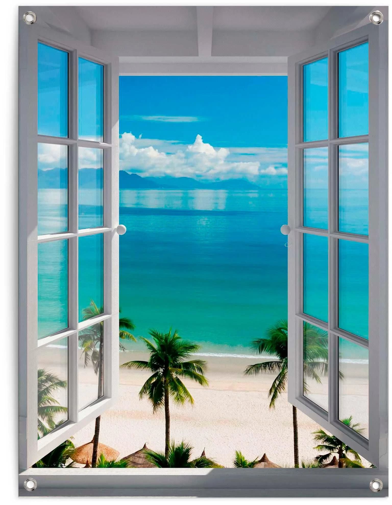 REINDERS Poster Fenster zum Strand Blau Leinwand