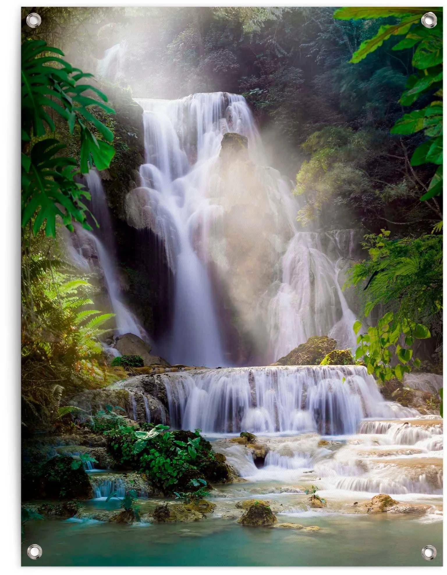 REINDERS Wasserfall Poster grün 60x80cm Leinwand