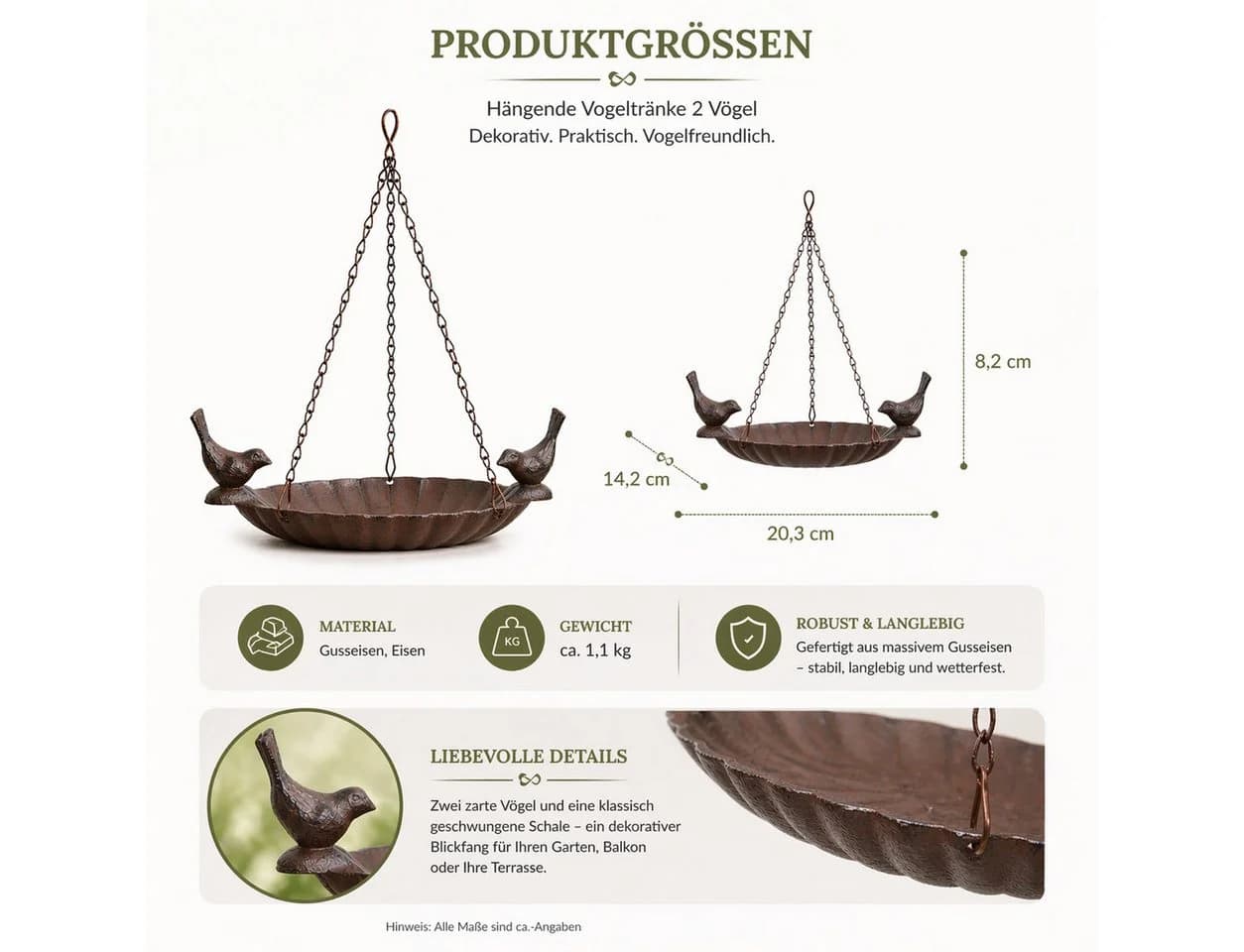 esschert design Hängende Vogeltränke aus Gusseisen mit 2 Vögeln - Bild 5