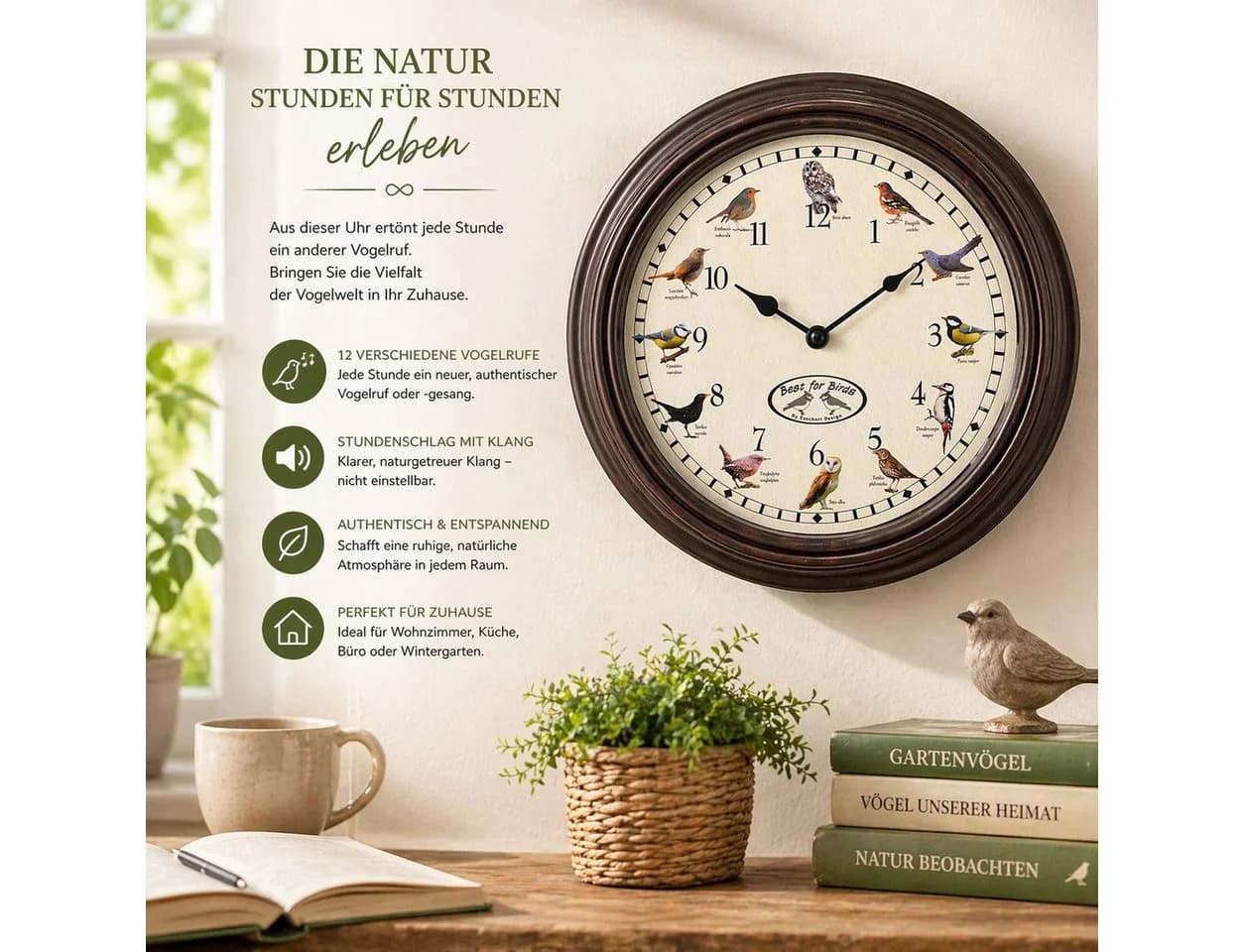 esschert design Wanduhr mit Vogelgezwitscher 29,8 cm Braun