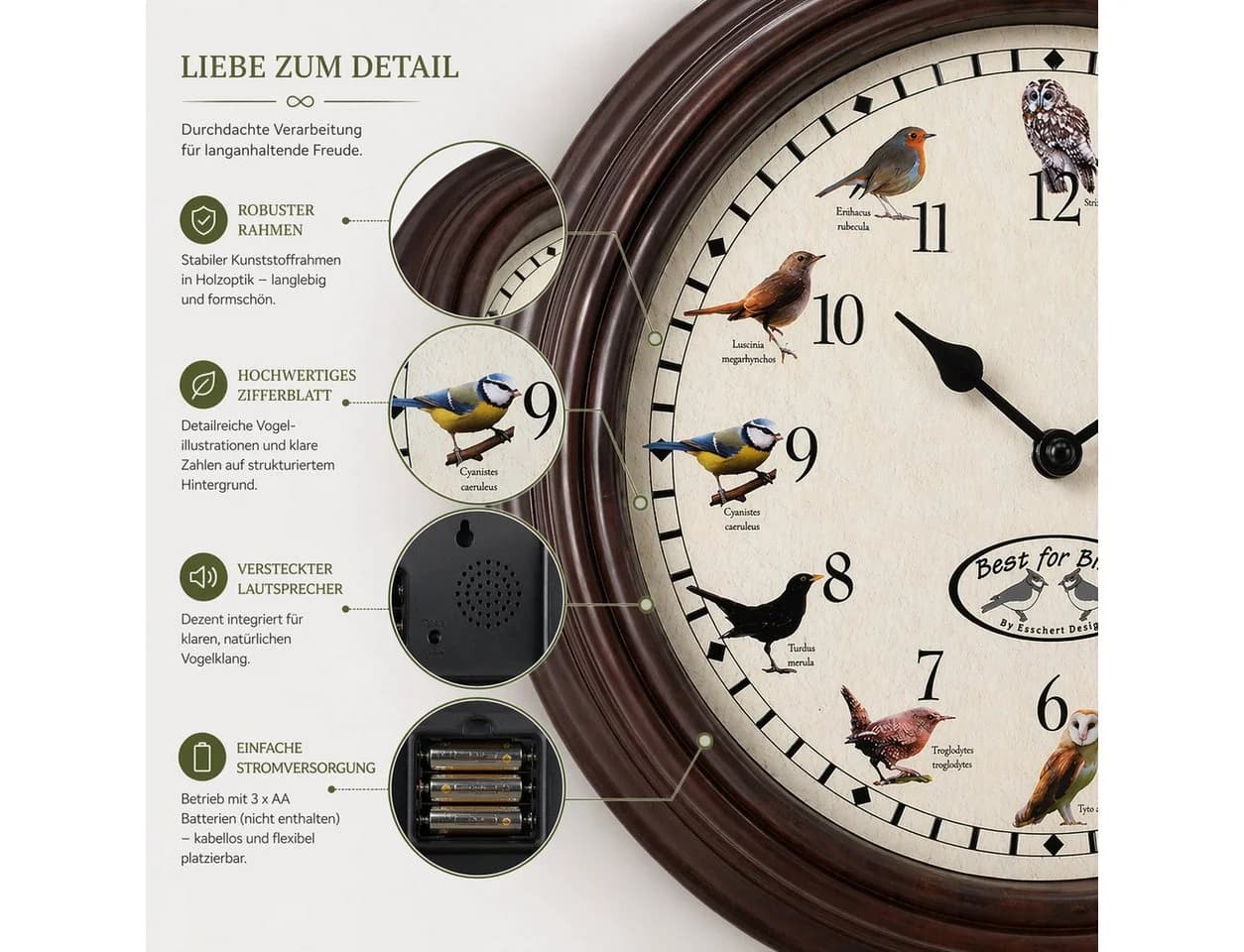 esschert design Wanduhr mit Vogelgezwitscher 29,8 cm Braun - Bild 3