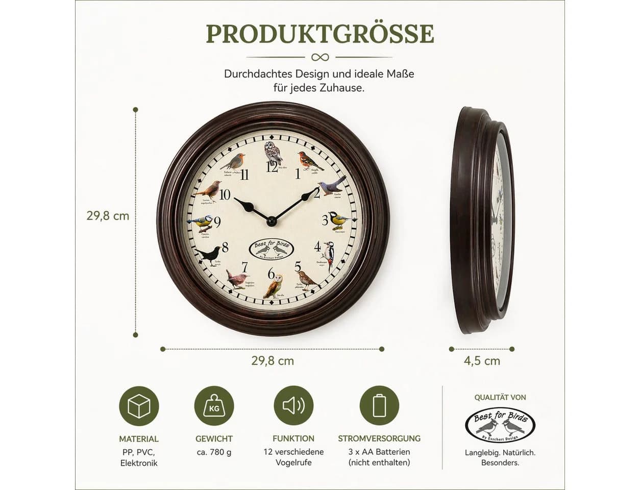 esschert design Wanduhr mit Vogelgezwitscher 29,8 cm Braun - Bild 5