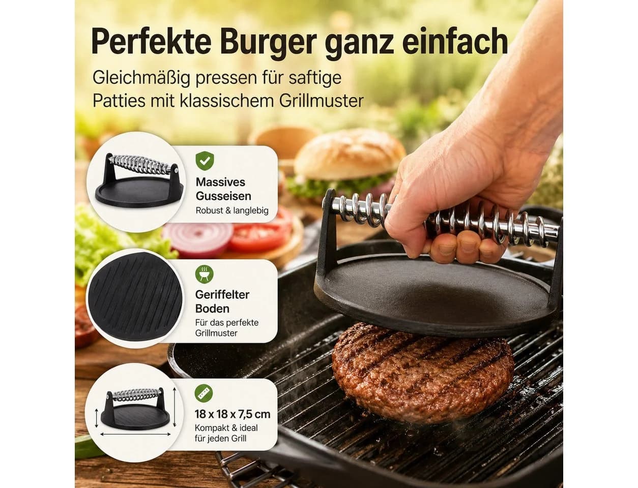 esschert design Burgerpresse Gusseisen mit Grillmuster & Holzgriff