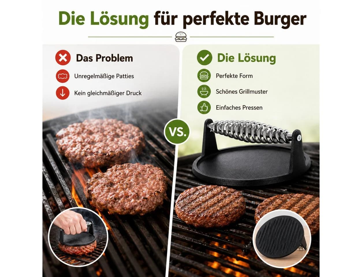 esschert design Burgerpresse Gusseisen mit Grillmuster & Holzgriff - Bild 5